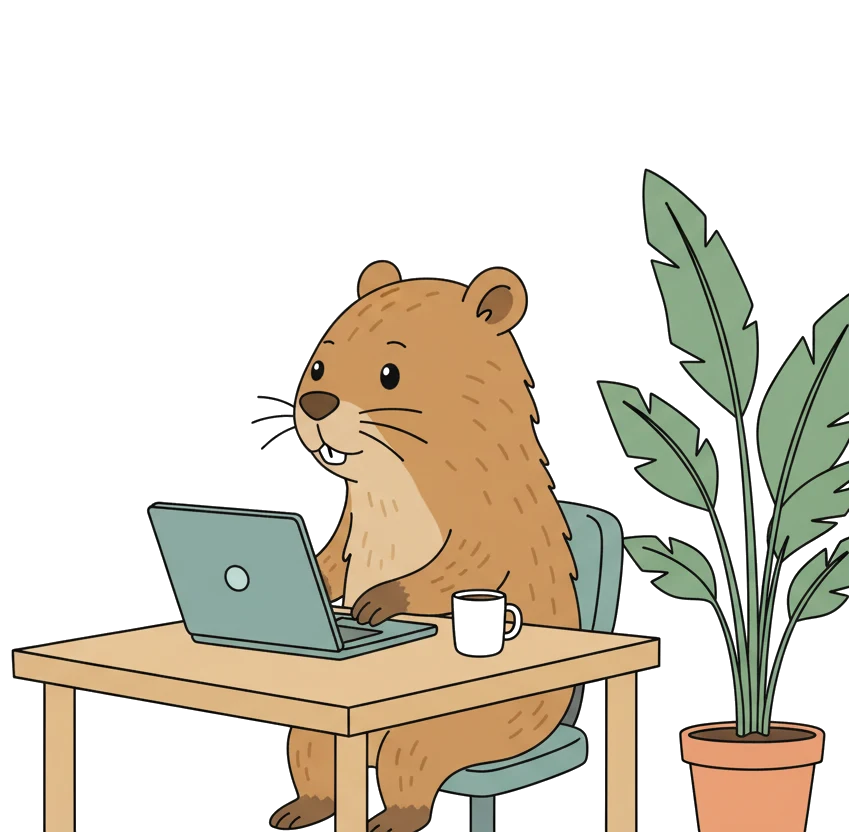 A ragondin typing on a laptop at a desk, with a coffee and a potted plant